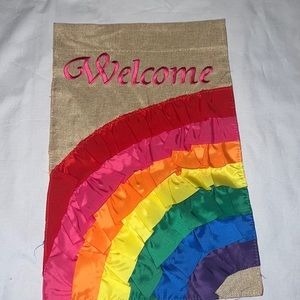 Welcome Rainbow Ruffles Burlap Flag
